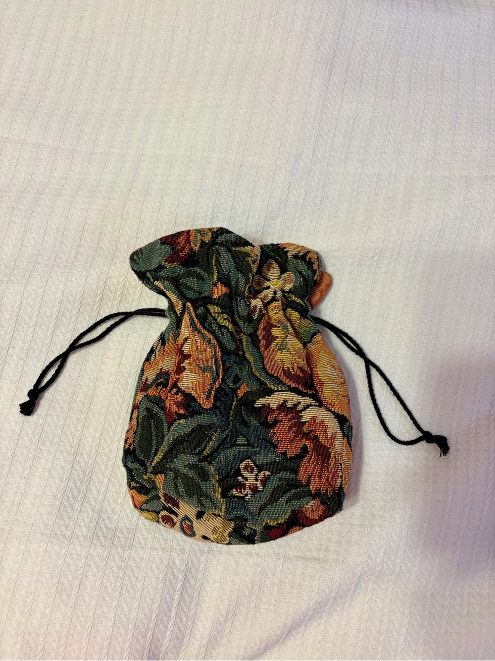 Floral Tapestry Drawstring Pouch - Green, Rust, Gold